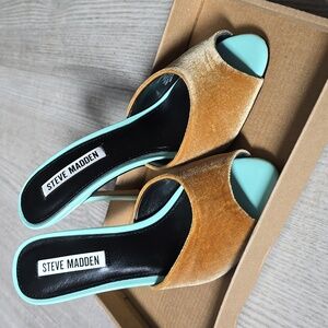 Priya Multi Velvet by Steve Madden. Tiffany blue and camel slide heel
